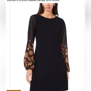 Black Floral Chiffon-Sleeve Dress